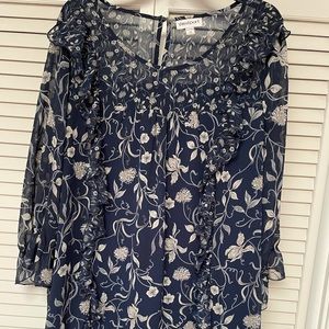 Navy & grey pullover blouse.